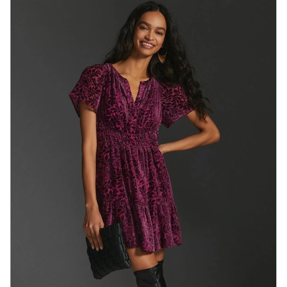 ANTHROPOLOGIE The Somerset Mini Dress Size SP Burnout Velvet Smocked Boho NEW